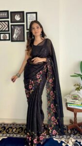 indian look royal black colour women wear from wedding function ready to wear saree