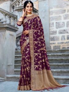 royal blossom violet silk saree with floral patterns elegant appeal